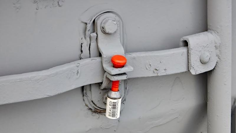 alt: A high-security bolt seal locked on the door of a semi-truck trailer
